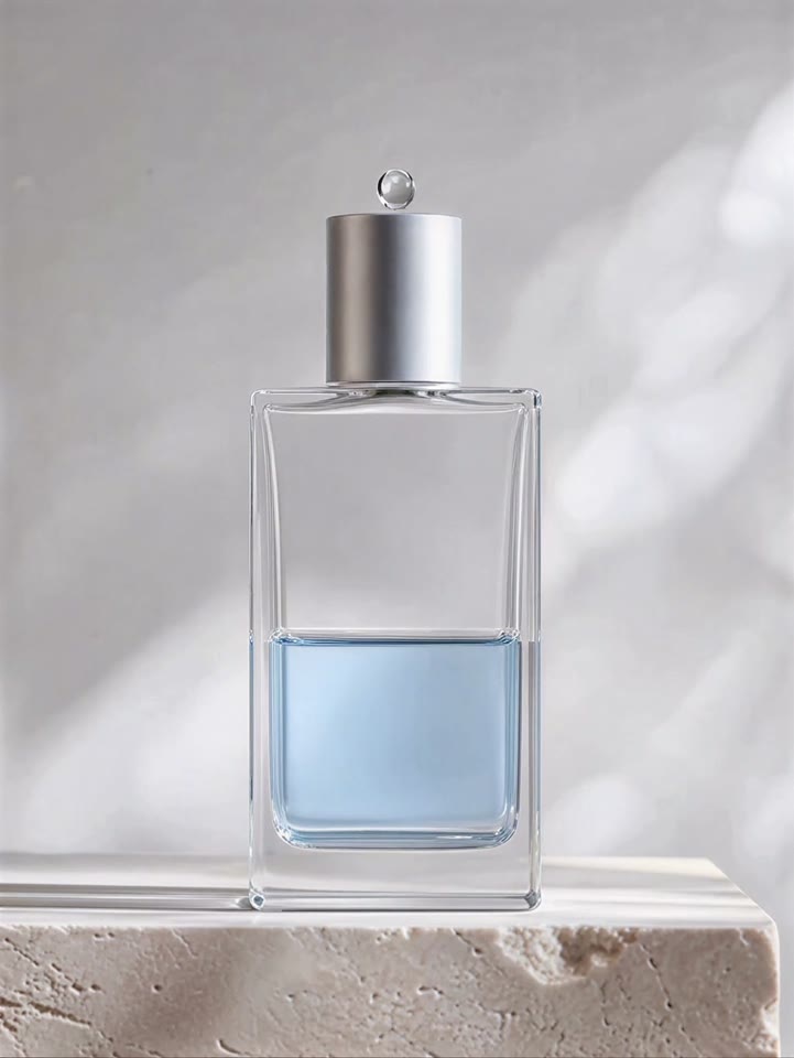 A clear rectangular perfume bottle with pale blue liquid on a stone ledge, a droplet suspended above its cap