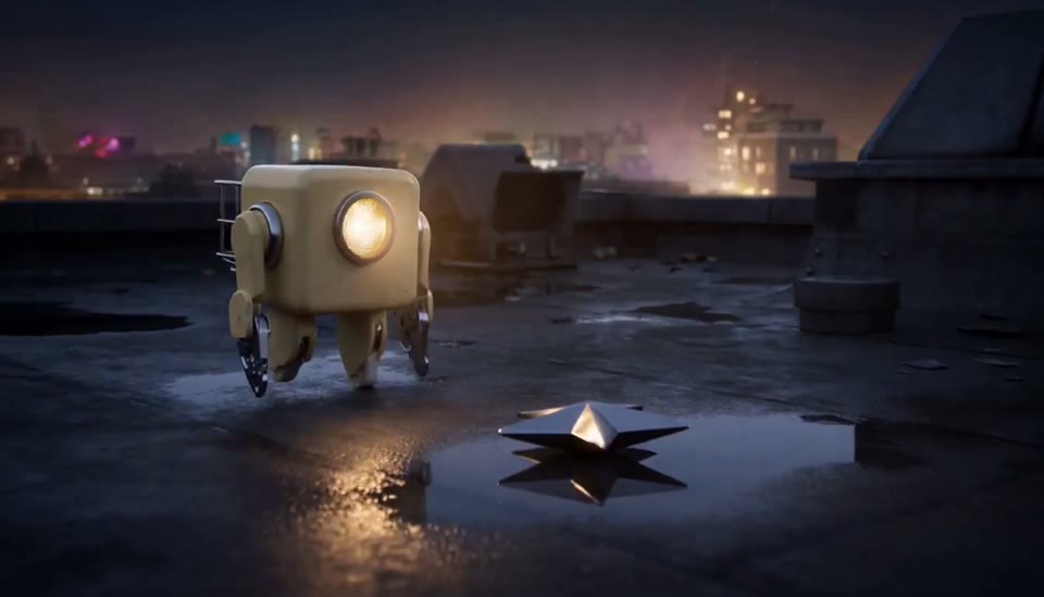 A small cream-colored robot on a wet rooftop looking at a glowing star in a puddle at night