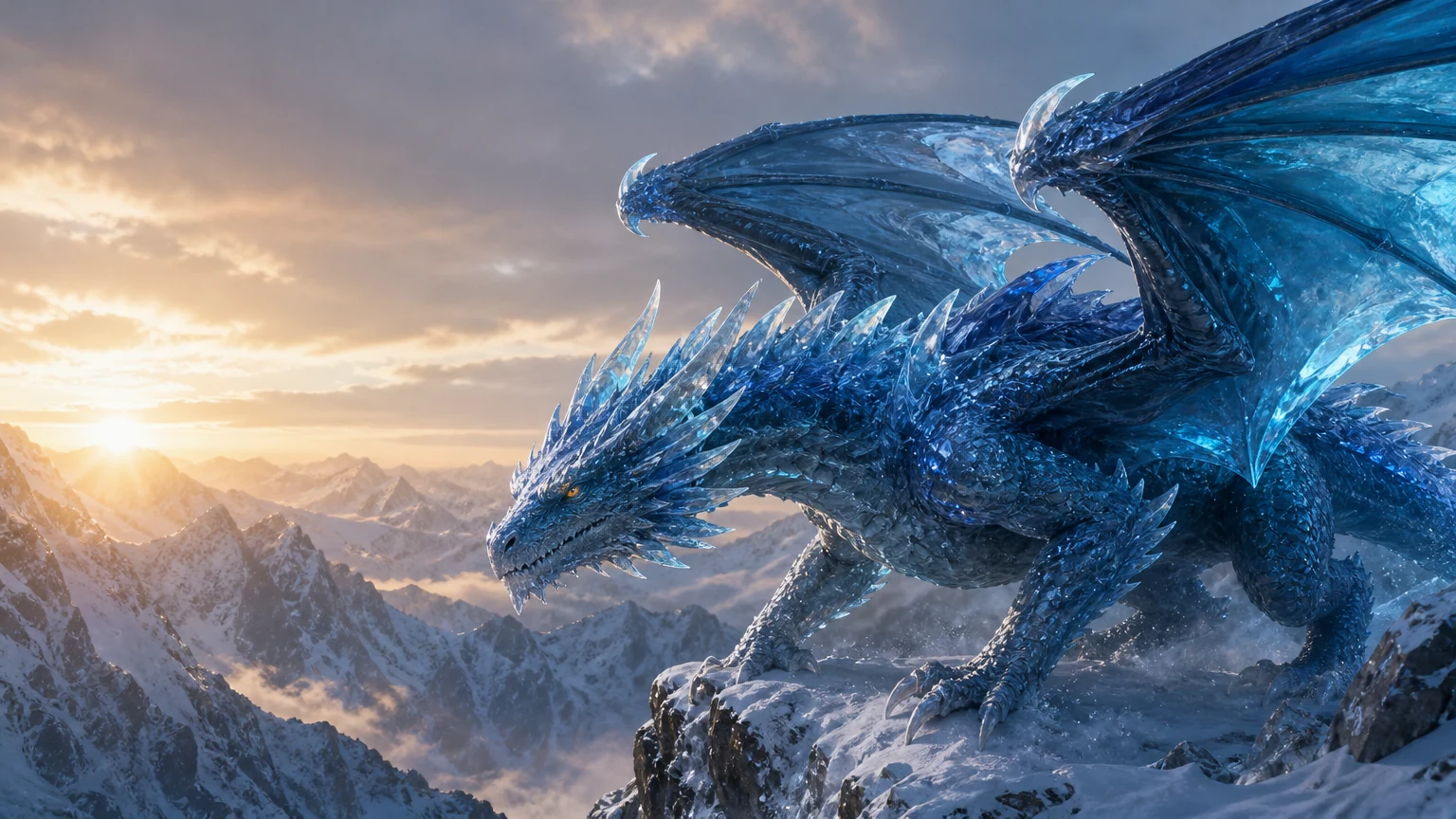 Crystal-blue dragon poised on a snowy cliff above a mountain canyon, the starting frame of an I2V demonstration