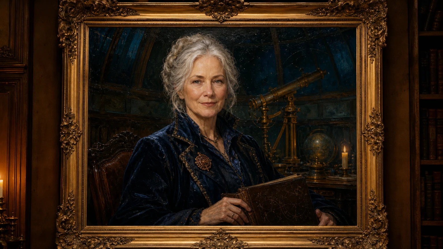 Painted astronomer inside an antique gold frame.