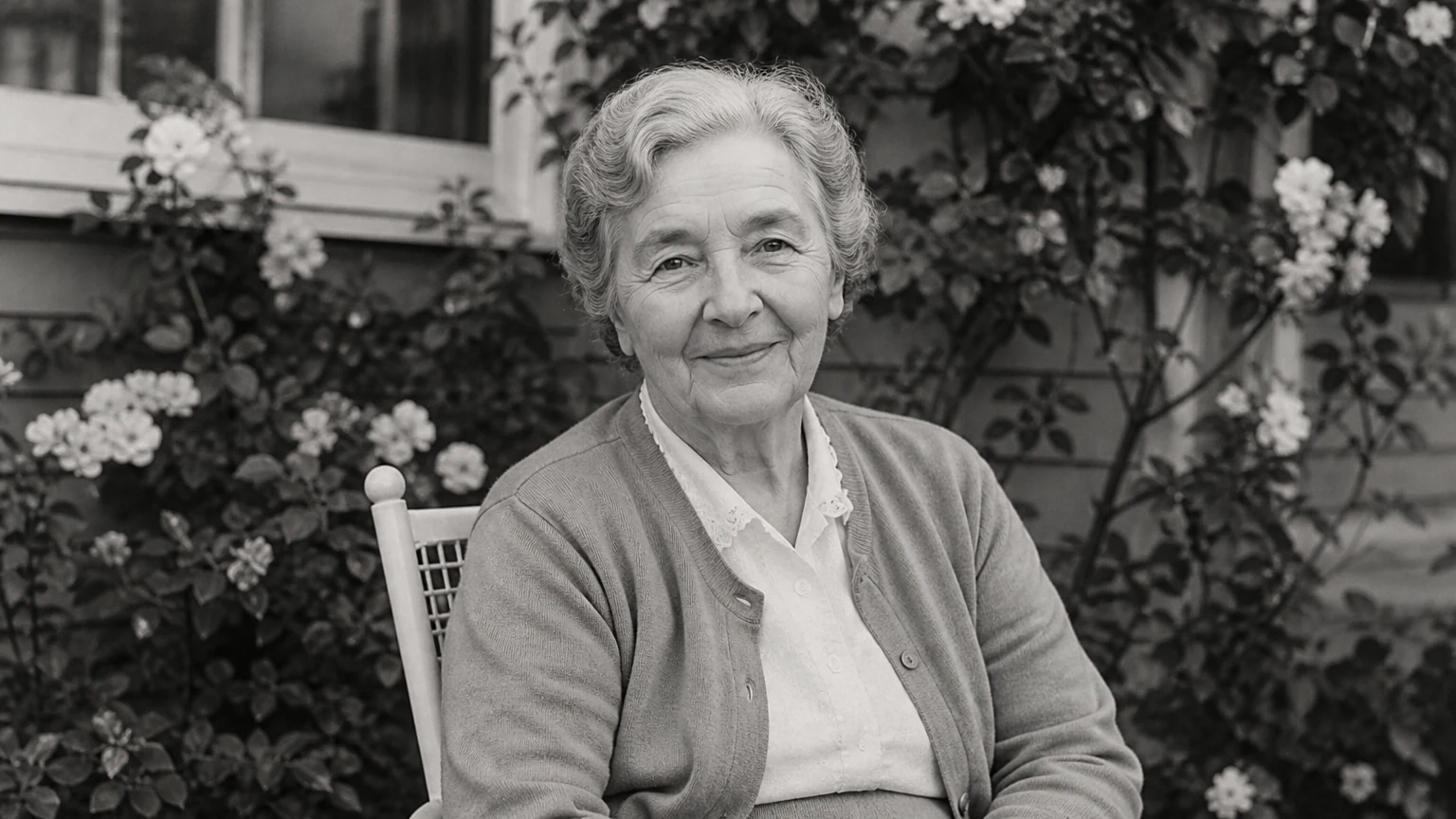 Black-and-white portrait of a grandmother in a garden.