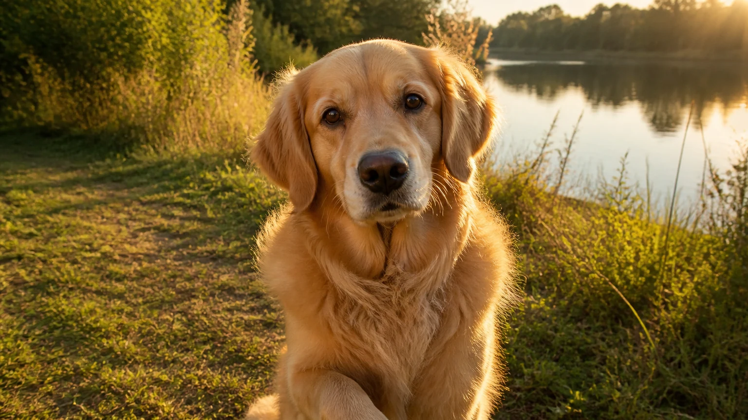 Golden retriever beside a lake, starting image for pet animation.