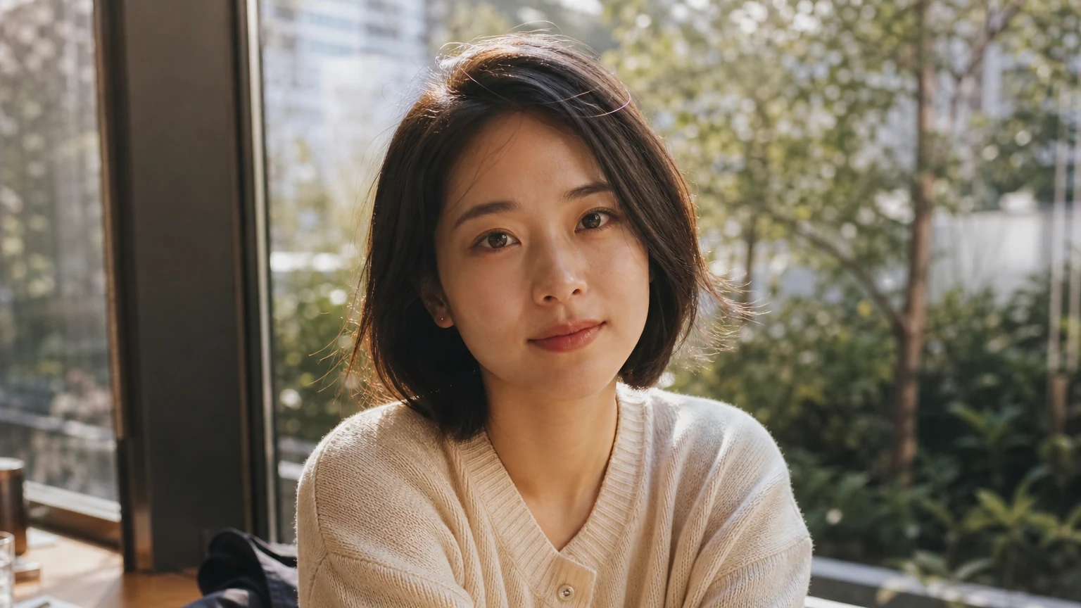 Woman beside a café window, starting image for photo animation.