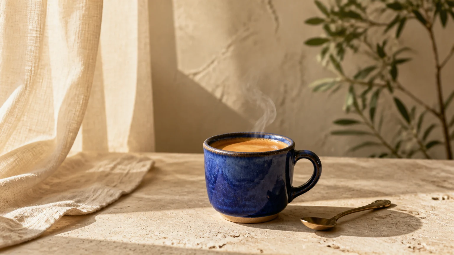 Cobalt ceramic espresso cup on a sunlit stone table, used as an I2V starting image