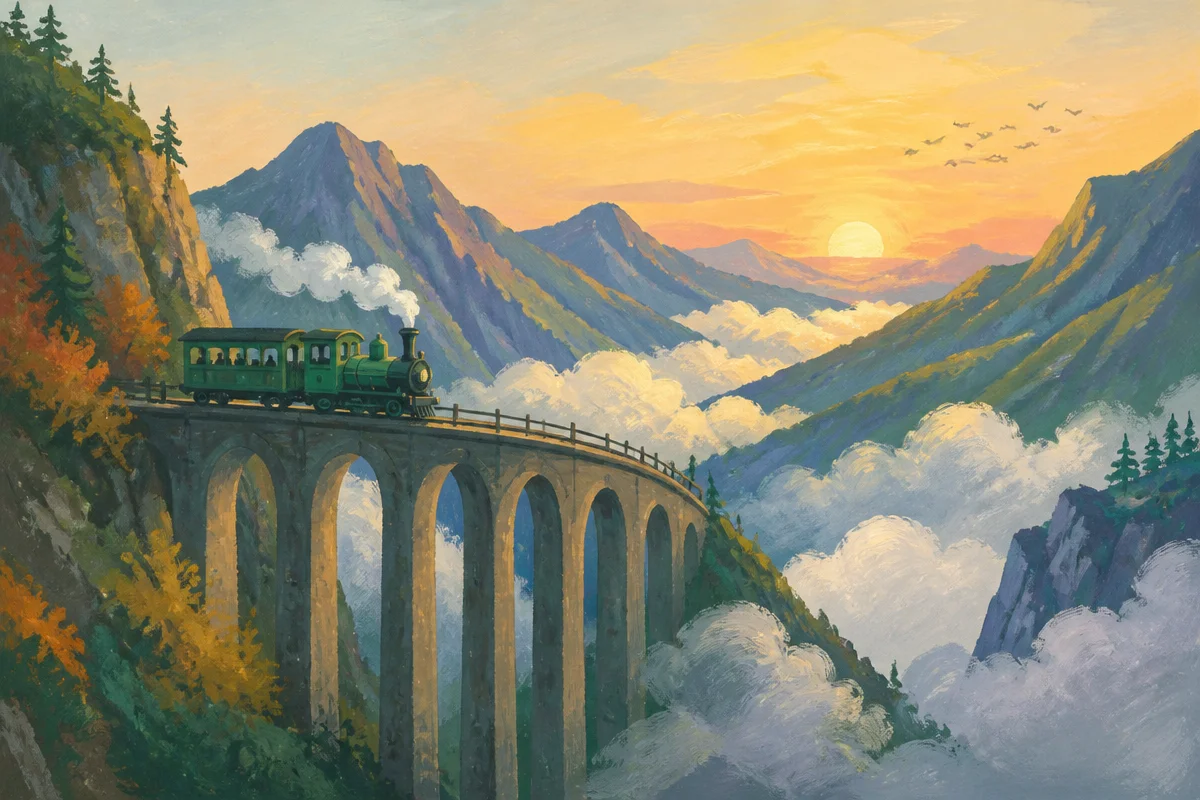 Ilustração pintada de um trem verde atravessando uma ponte de montanha ao nascer do sol