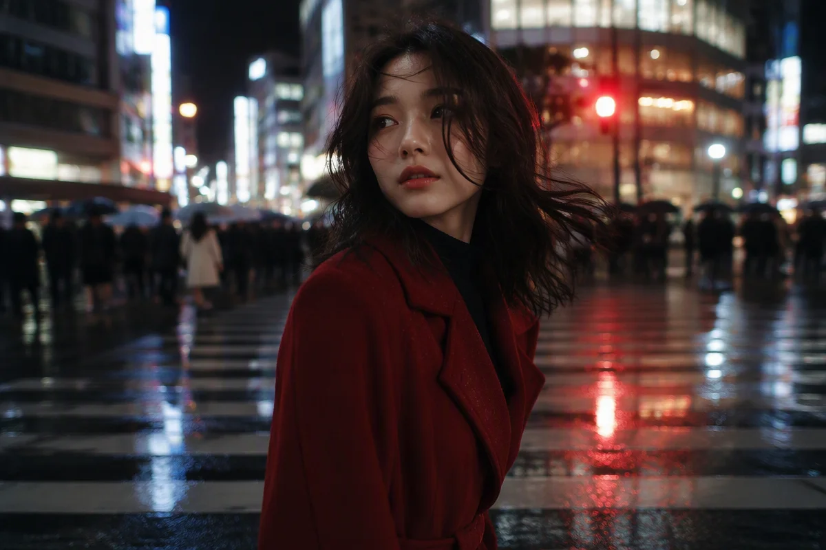 Retrato de uma mulher com um casaco vermelho em uma faixa de pedestres em Tóquio depois da chuva