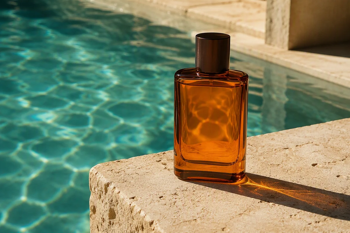 Frasco de fragrância âmbar sobre um pedestal de calcário ao lado de uma piscina iluminada pelo sol