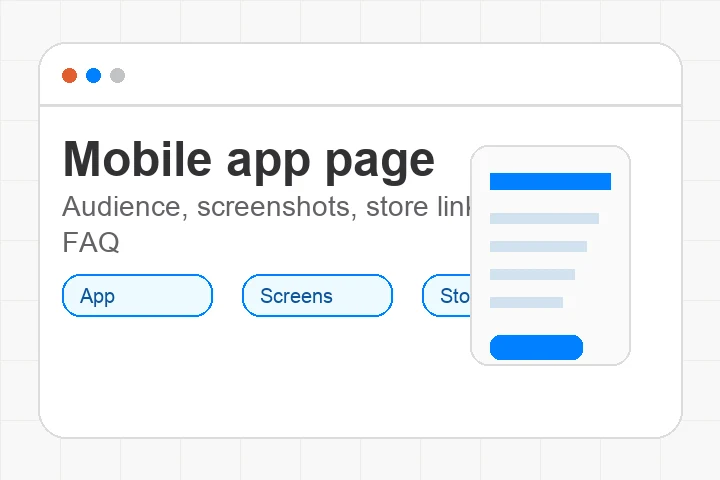 AI mobile app landing page draft with app screenshots and CTA