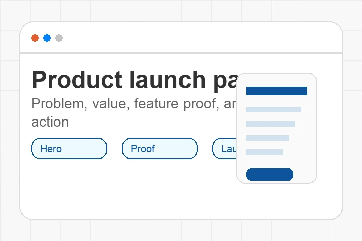 AI product landing page draft with hero, proof, and feature sections