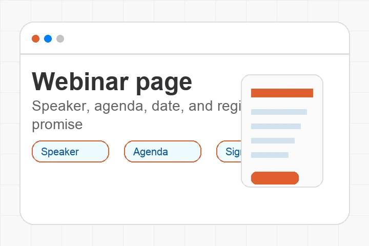 AI webinar landing page layout with agenda and signup CTA