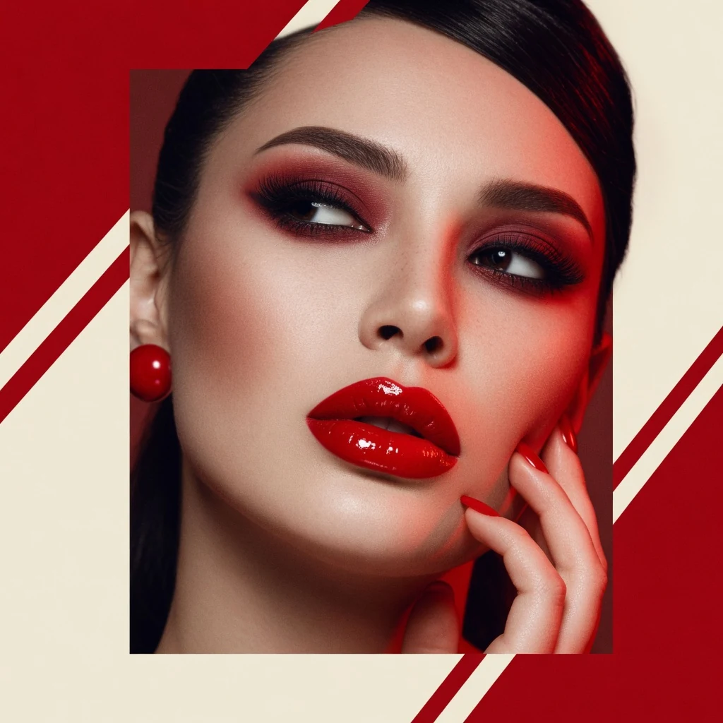 Grok Imagine lipstick editorial cosmetics poster with bold red makeup
