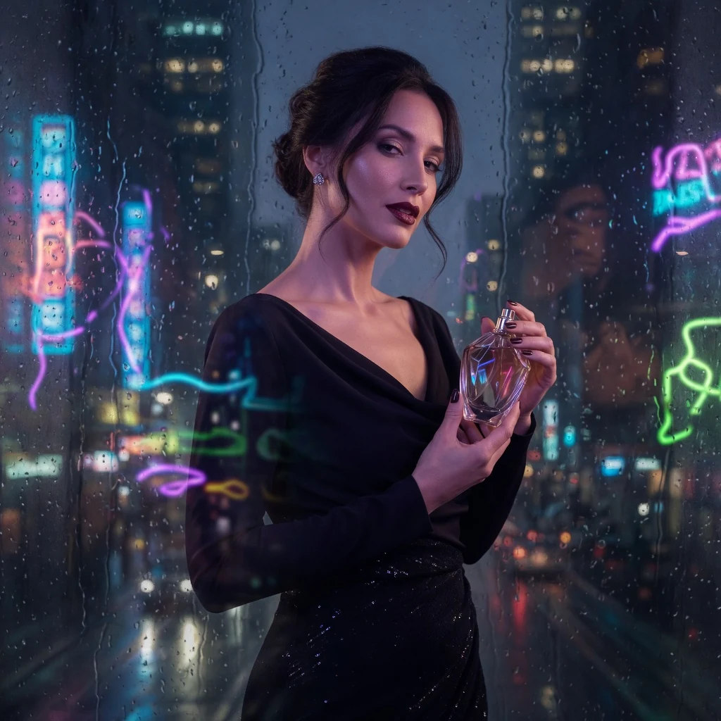 Grok Imagine luxury perfume night campaign with an adult female model