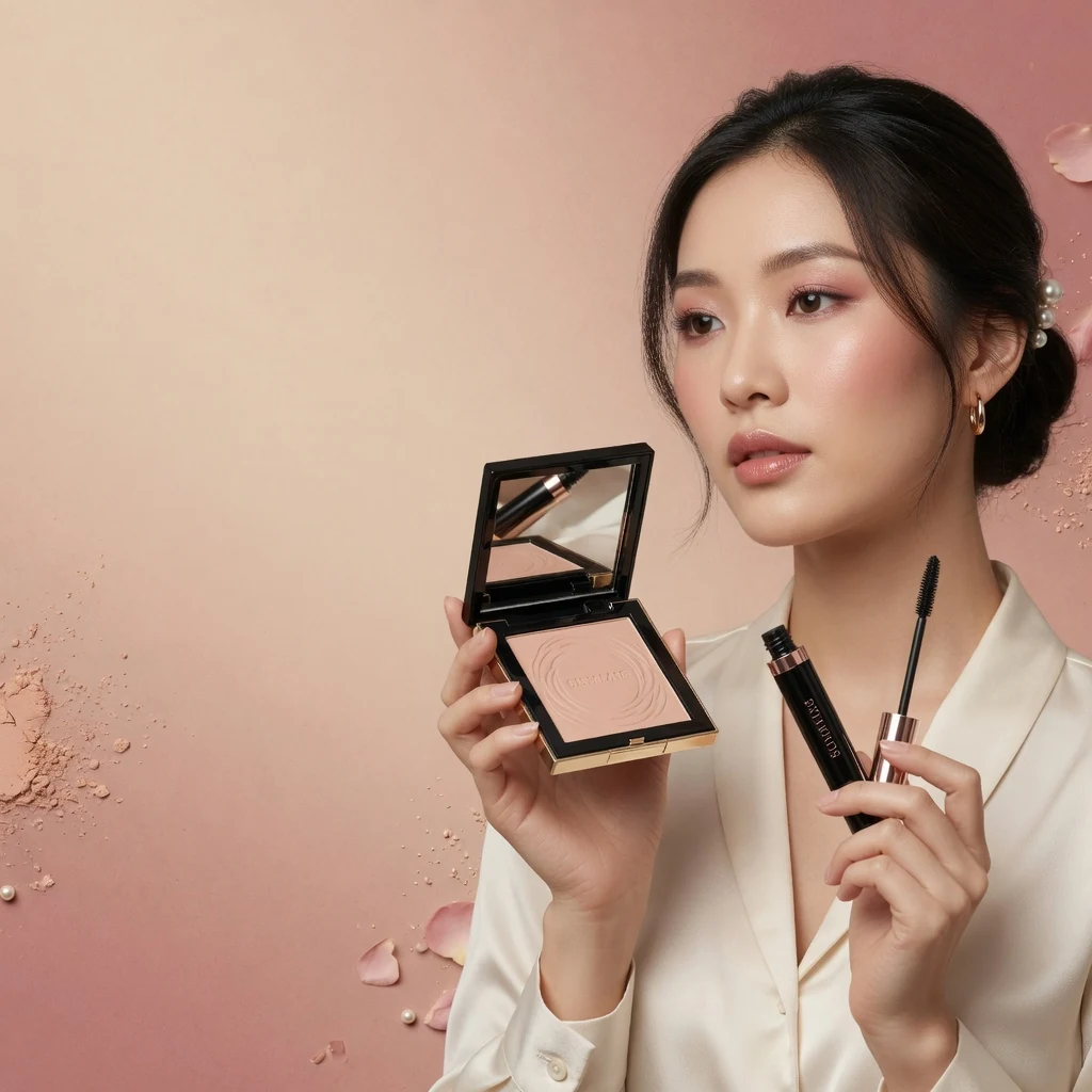 Grok Imagine cosmetics ecommerce banner with adult beauty model and products