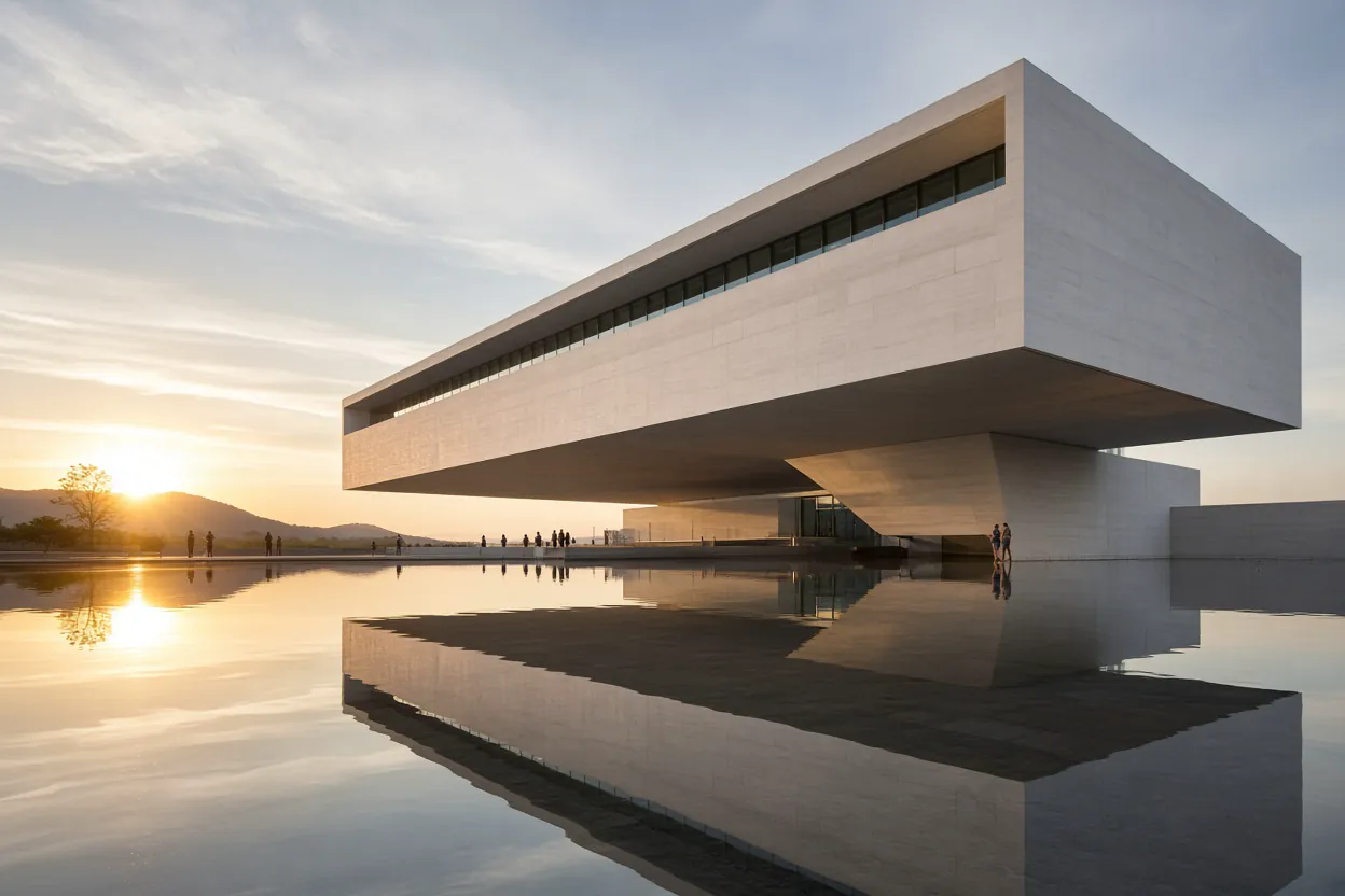Brutalist museum at sunrise
