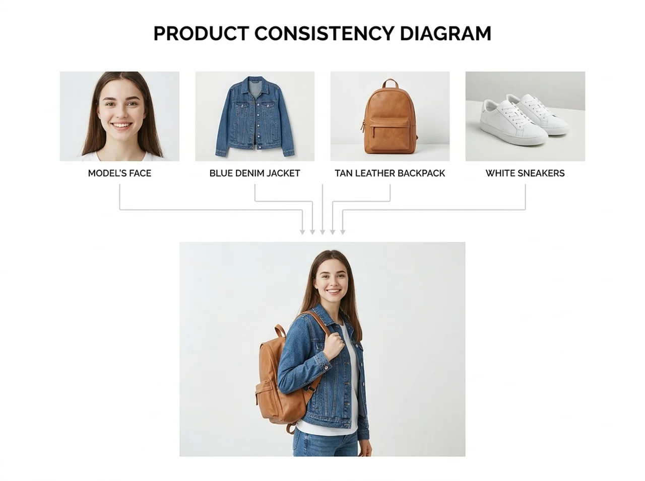 Four reference photographs connected to one composite image showing a model wearing all four items