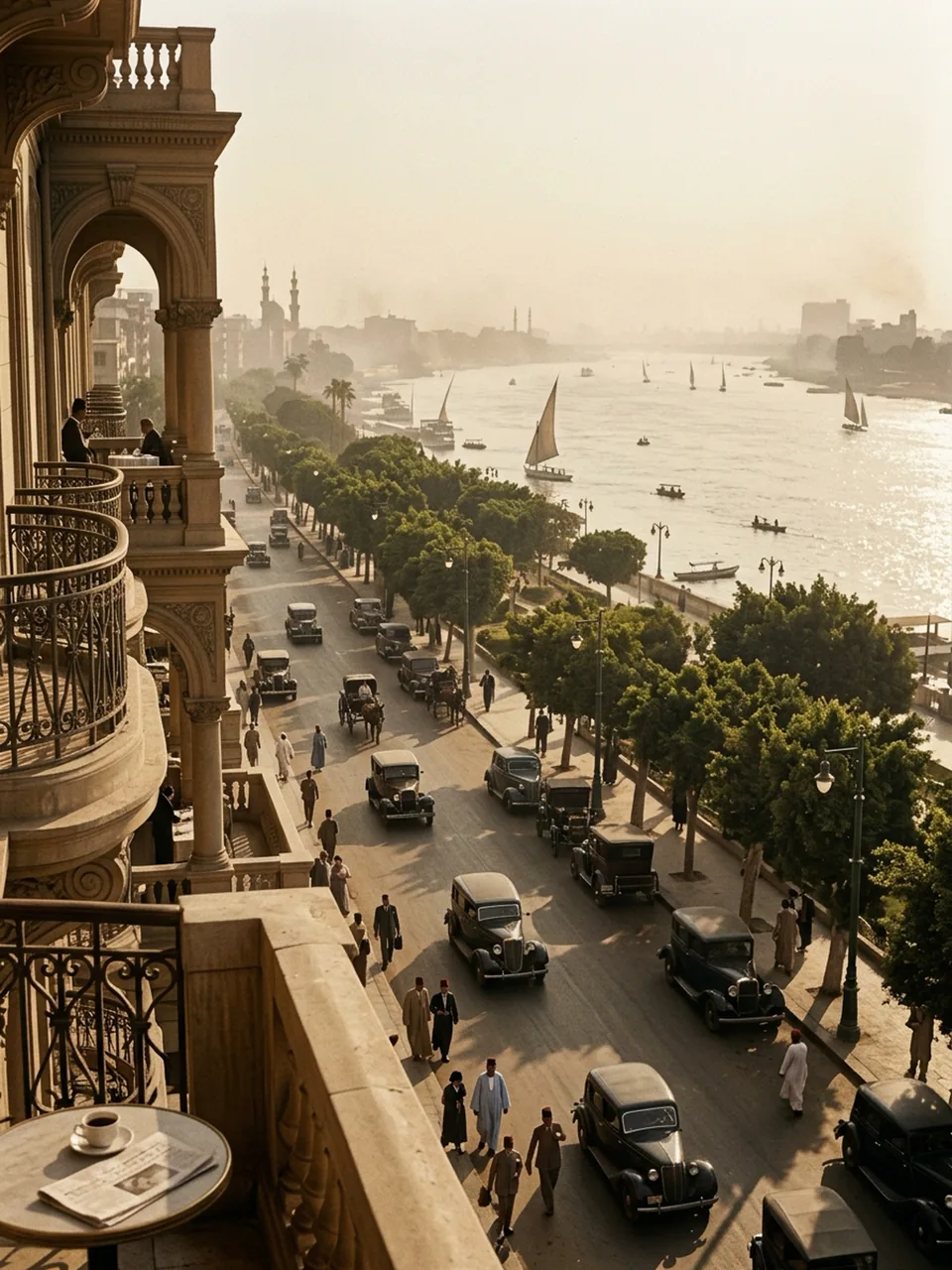 View over the Nile in 1940s Cairo from a grand hotel balcony, generated with Nano Banana 2.1