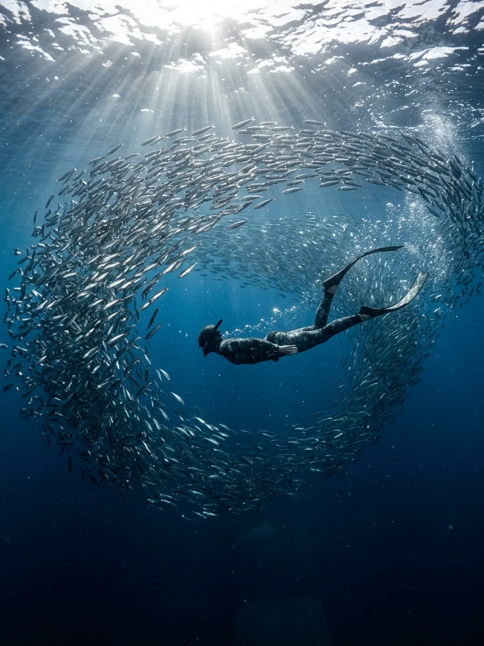 Underwater photo of a freediver inside a swirling sardine bait ball, generated with Nano Banana 2.1