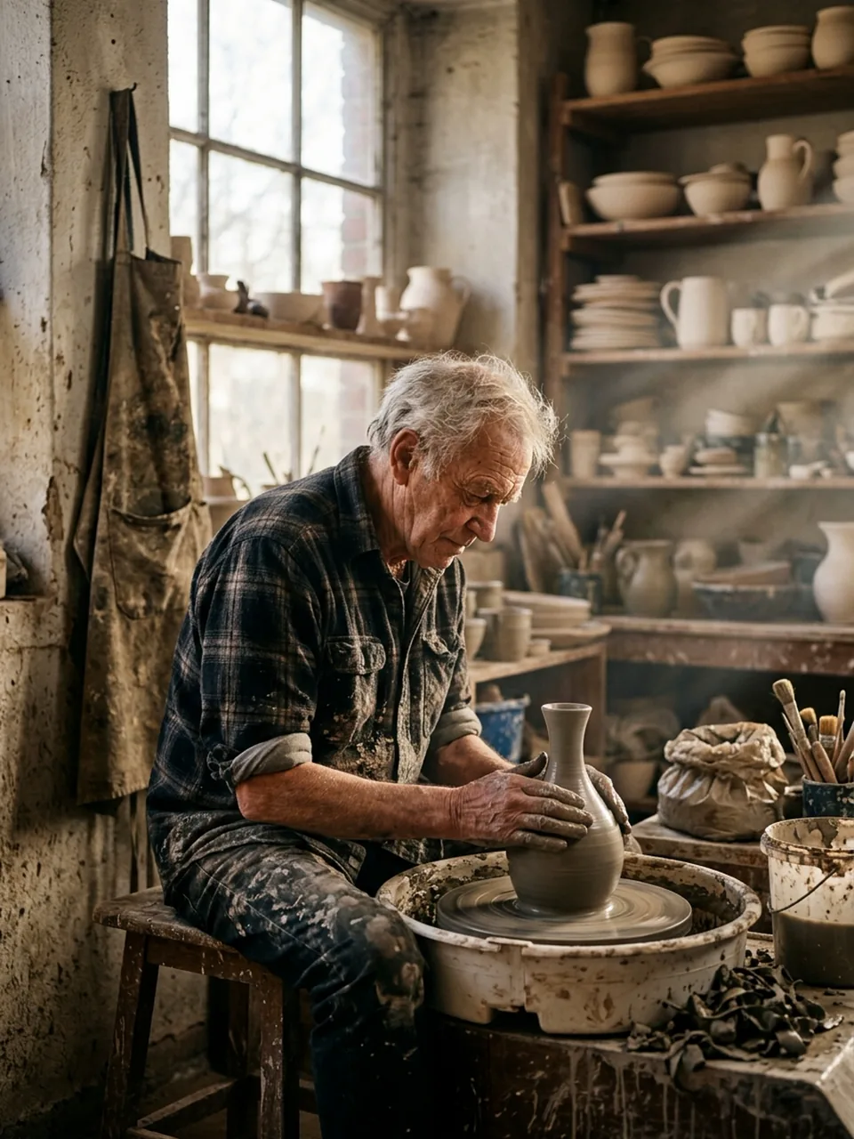 Documentary portrait of a ceramic artist shaping a vase at the wheel, generated with Nano Banana 2.1