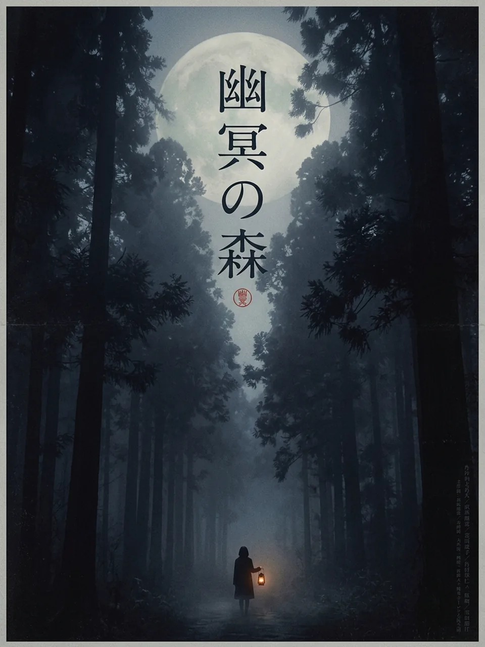Japanese film poster with vertical title lettering over a moonlit forest, generated with Nano Banana 2.1
