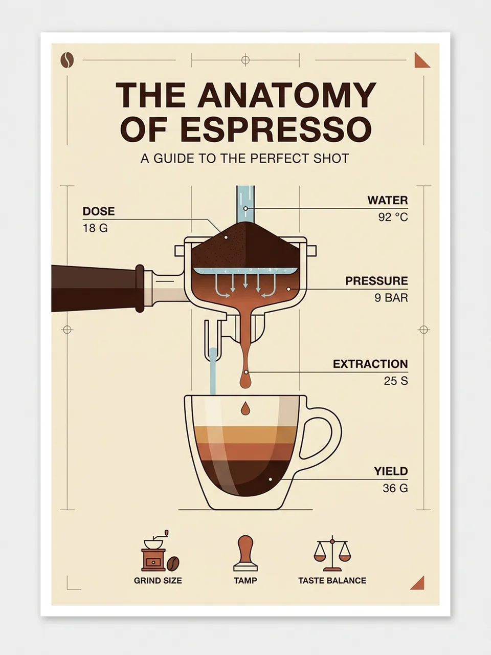 Espresso brewing infographic with labelled measurements and flat icons, generated with Nano Banana 2.1