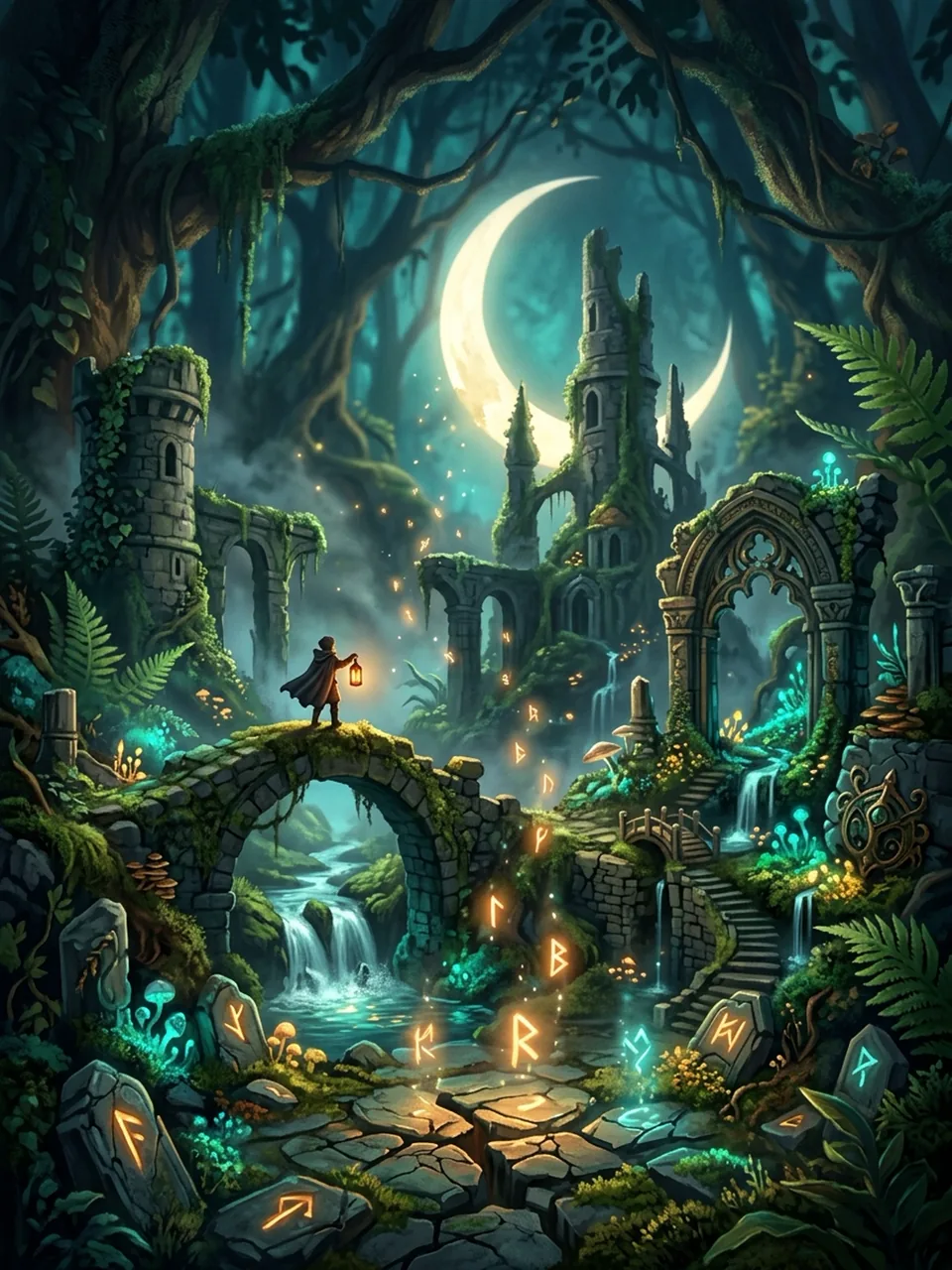 Miniature fantasy world with glowing ruins and an explorer carrying a lantern, generated with Nano Banana 2.1