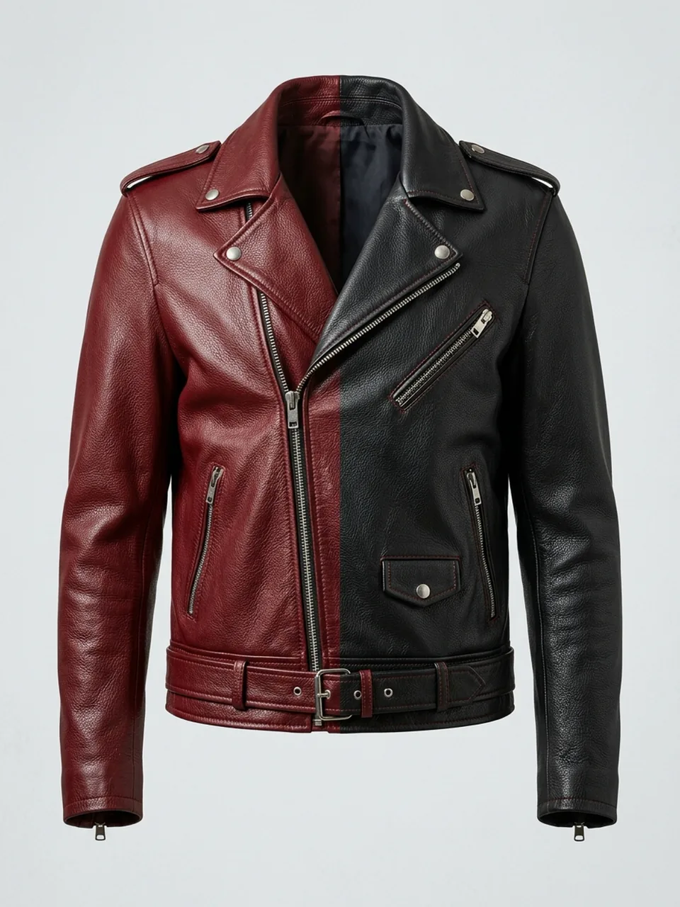 Region edit splitting one leather jacket into oxblood red and black halves, generated with Nano Banana 2.1