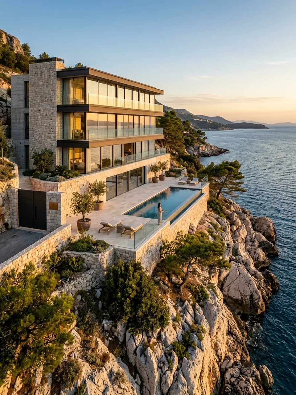 Golden hour photograph of a seaside villa with an infinity pool, generated with Nano Banana 2.1