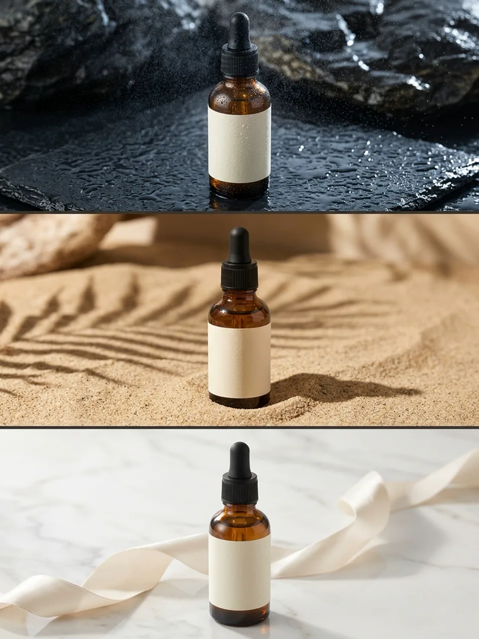 The same serum bottle photographed in three different settings, generated with Nano Banana 2.1