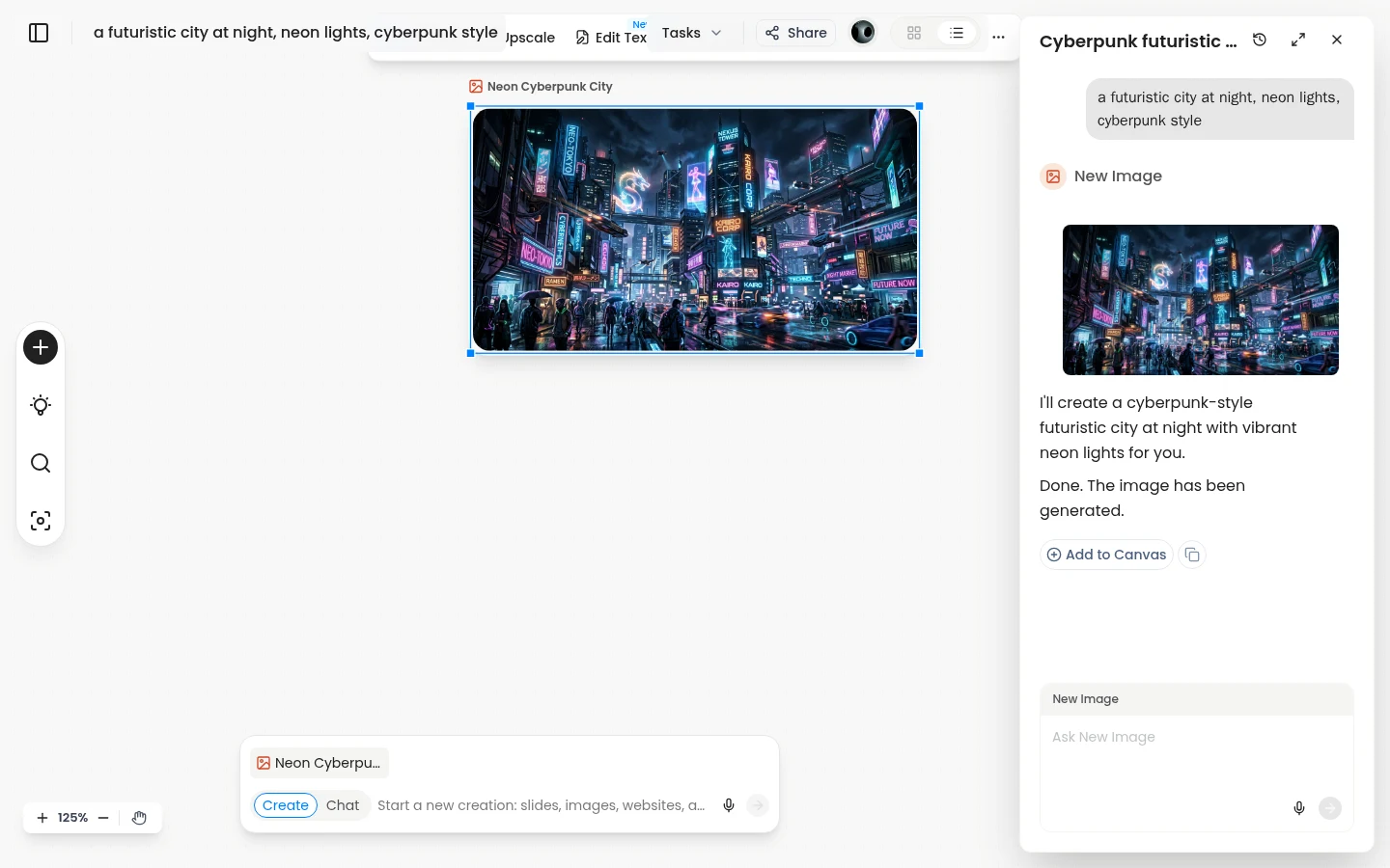 Felo AI Image canvas editor with generated image and editing toolbar