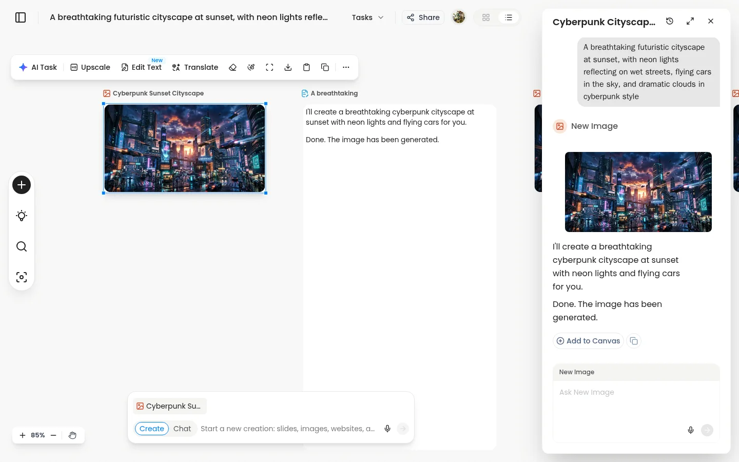Felo AI Image canvas editor with photo and editing toolbar