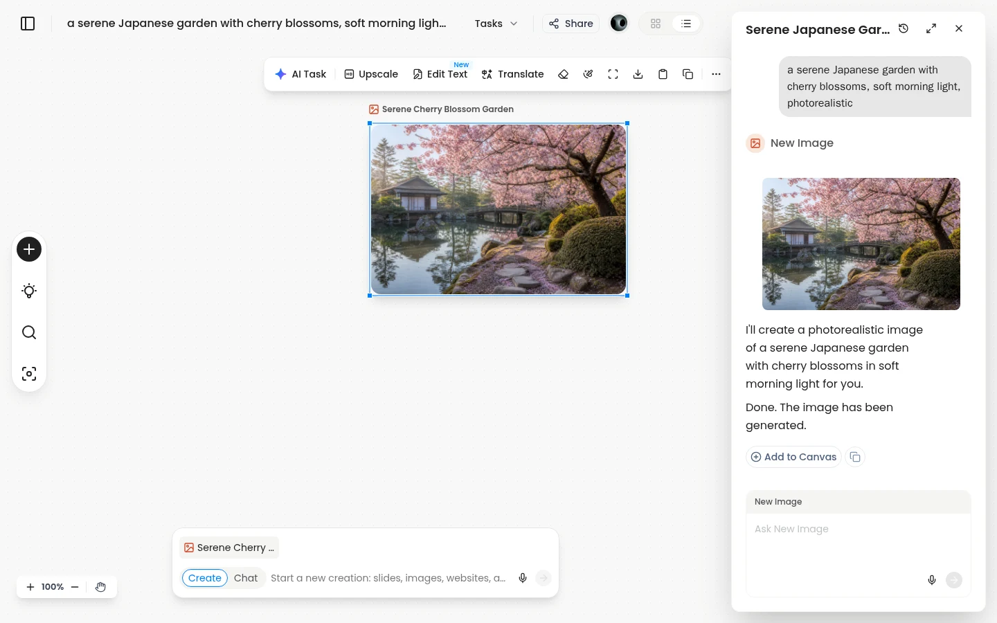 Felo AI Image canvas editor showing a generated image with editing toolbar