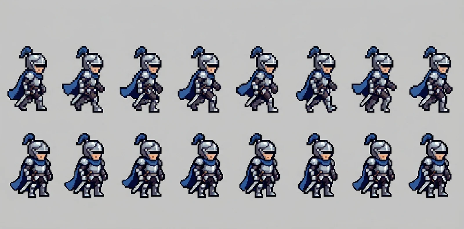 AI-generated pixel art sprite sheet of a knight: 8 walk-cycle frames and 8 idle frames