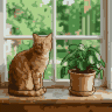 The same cat photo converted to pixel art on a 96 px grid