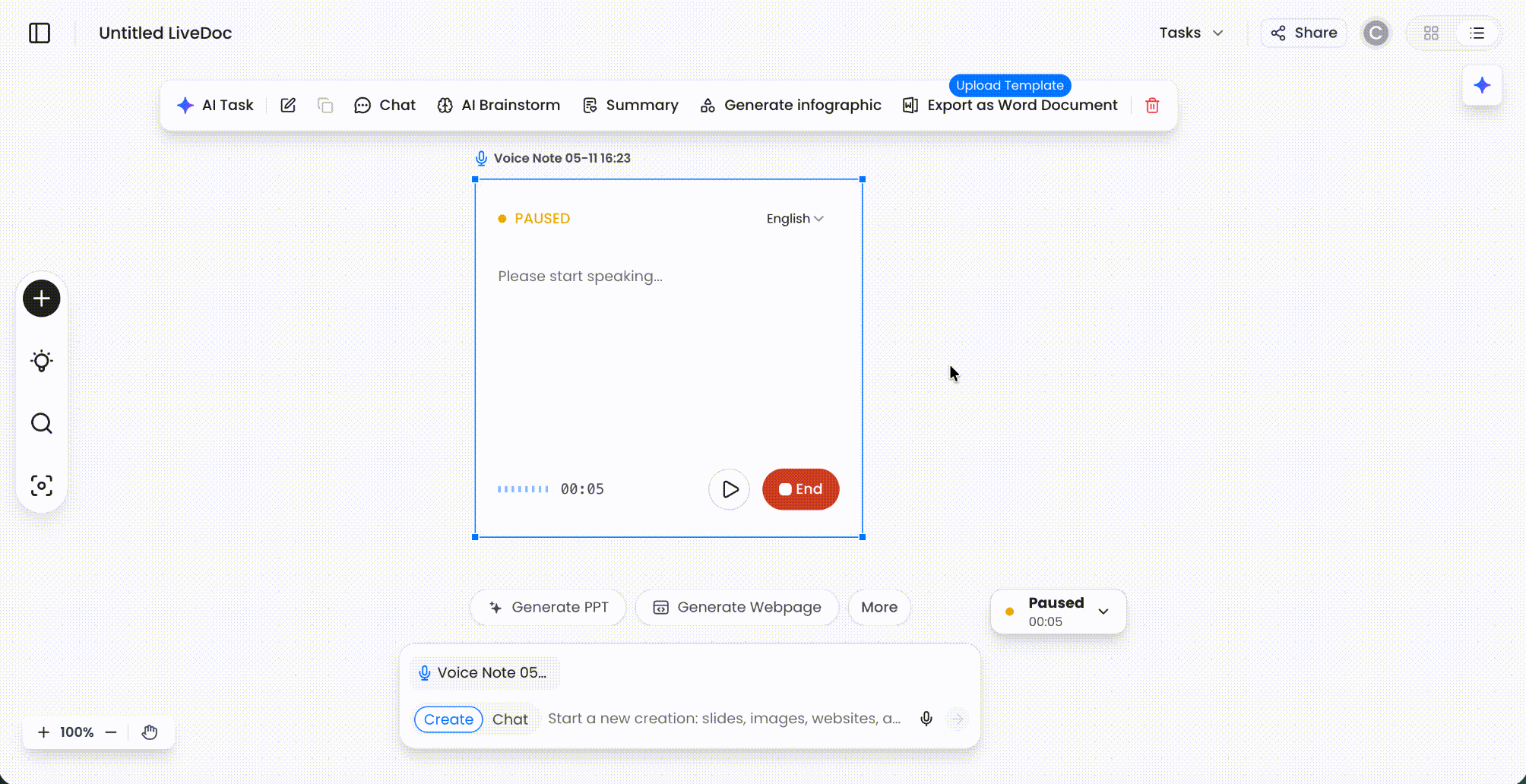 Demo of Felo voice recorder transcription inside LiveDoc with AI task controls